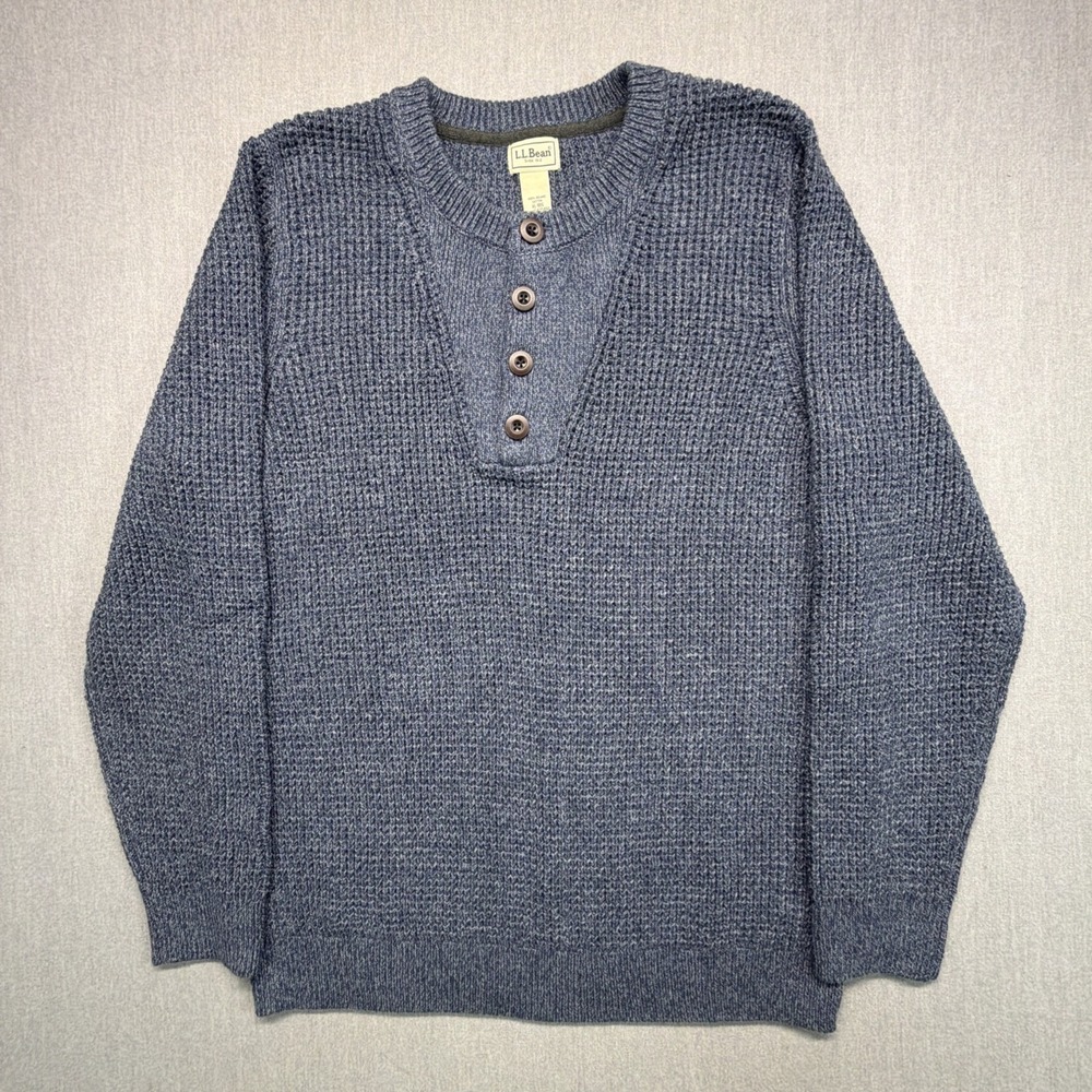 LL Bean Sweater Mens XL Blue Organic Cotton Waffle Knit Henley